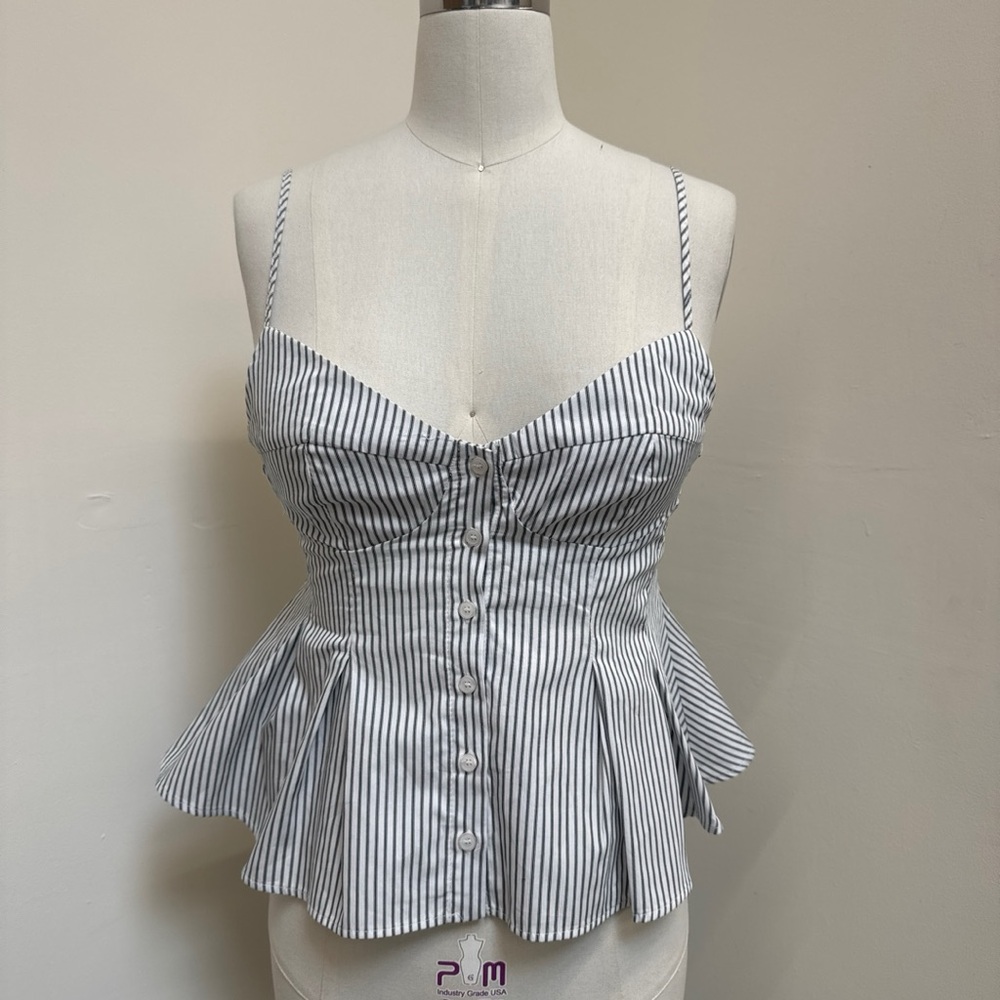 Zara Blue and White Sleeveless Peplum Blouse